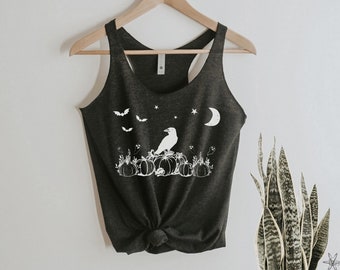 Pumpkin and Crow Tank Top Shirt screenprint gift for her, boo, spooky, holiday, halloween party