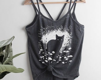 Cat in Field of flowers drawing Strappy Tank Top Ladies Shirt Yoga Mother's Day gift for her, floral, flowers, botanical, cats lady. slouchy