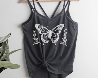 Floral butterfly Strappy slouchy Tank Top Ladies Shirt screenprint linocut block print style