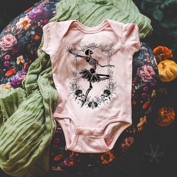 Floral Ballerina Skeleton baby one piece bodysuit creeper, new baby gift, graphic, cool baby clothes, Gothic, skulls, boho ballet, flowers