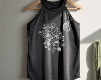 Butterfly Flower Rocker Tank Top High Neck shirt mother's day gift for her, yoga, floral aesthetic, botanical