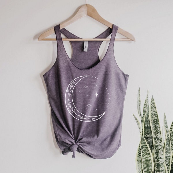 Crescent Moon Botanical Tank Top Celestial Ladies Tank Top Shirt screenprint Mother's Day gift for her