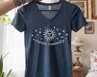 Cosmic Humanity Sun Stars District Triblend V neck celestial t shirt t-shirt tee Astrological art