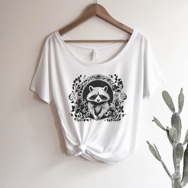Raccoon Floral Shirt Oversized Slouchy Scoop Neck Tee Loose tshirt boho gift for her, flowers botanical, nature, cute animal