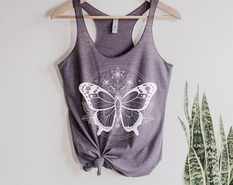 Floral Butterfly Tank Top flowers, botanical, nature, wild and free Shirt screenprint Mother's Day Yoga gift for her, boho, butterflies