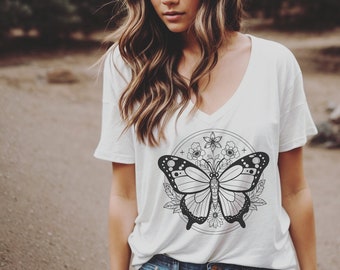 Floral Butterfly Flowers Shirt Oversized Slouchy V Neck Tee Loose tshirt boho gift for her, wild and free, nature inspired, hippie