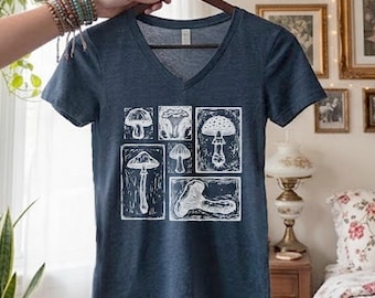 Linocut Mushrooms t-shirt District Triblend V-neck tshirt tee Block print hand stamped style Mushroom botanical nature shirt