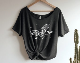 Halloween Bats Bat Shirt Celestial Oversized Slouchy Scoop Neck Tee Loose tshirt boho gift for her, vampire, spooky, costume, boo, vampires