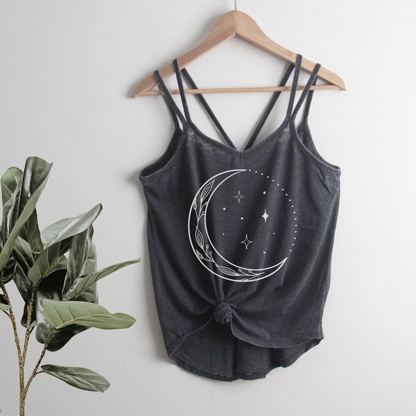 Crescent Moon Strappy Tank Top Celestial Sun Moon Stars Ladies Shirt Yoga Mother's Day,  gift for her