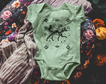 Coyote Floral baby one piece bodysuit creeper, new baby gift, graphic, cool baby clothes, nature, boho