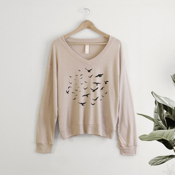 Flock of Birds Shirt Slouchy Pullover Cropped v neck t-shirt Ladies gift for her, Flock, Wild and Free nature inspired, bird watching