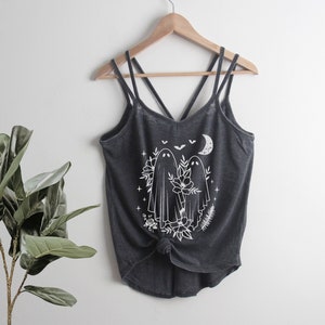 CLEARANCE Halloween Ghosts Strappy Tank Top Ladies Shirt gift for her, spooky, costume, couple, botanical, floral, flowers, moon, bats