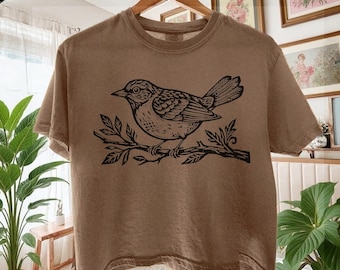 Linocut Bird on branch Vintage Style BOXY Tee T-shirt, shirt Bird watching, nature inspired, cottagecore, aesthetic