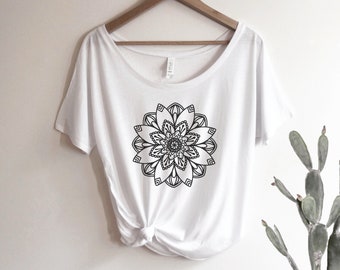 Mandala Shirt Oversized Slouchy Scoop Neck Tee Loose tshirt boho gift for her, lotus flower, zen, yoga top, peaceful, tranquil, spiritual