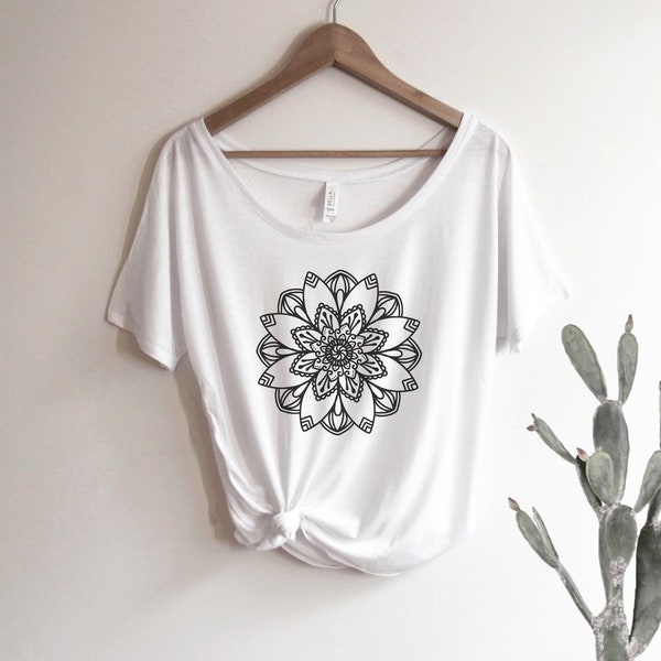 Mandala Shirt Oversized Slouchy Scoop Neck Tee Loose tshirt boho gift for her, lotus flower, zen, yoga top, peaceful, tranquil, spiritual