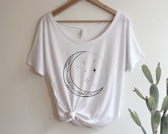 Crescent Moon Botanical Shirt Oversized Slouchy Scoop Neck Tee Loose tshirt boho gift for her, Floral, Flowers