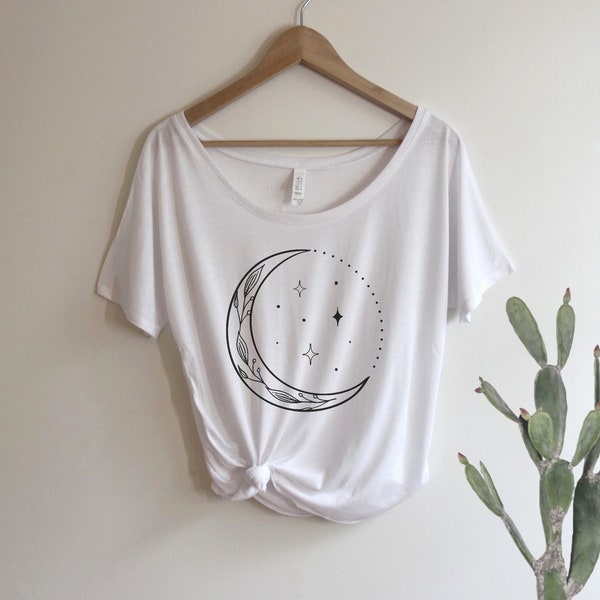 Crescent Moon Botanical Shirt Oversized Slouchy Scoop Neck Tee Loose tshirt boho gift for her, Floral, Flowers