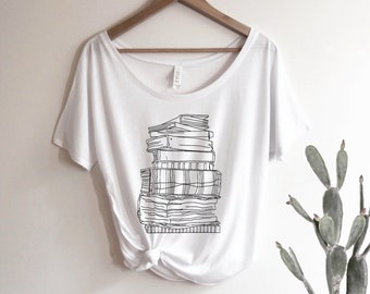 Book Shirt Stack of Books sketch Oversized Slouchy Scoop Neck Tee Loose tshirt boho gift for her, literary, bookworm, reader, reading