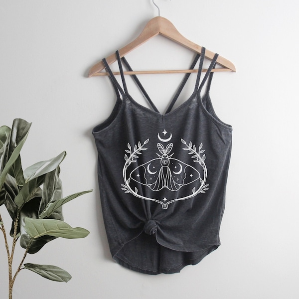 Celestial Moth Moon Strappy Tank Top Celestial Sun Moon Stars Ladies Shirt Yoga Mother's Day,  gift for her, third eye, crescent moon, fauna
