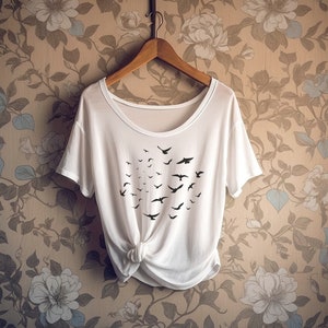 CLEARANCE Bird Flock Oversized Slouchy Scoop Neck Tee Loose tshirt boho gift for her