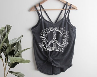 Floral Peace Sign Botanical Strappy Tank Top Ladies Shirt screenprint Mother's Day gift for her, peace love, flowers, nature, inspirational