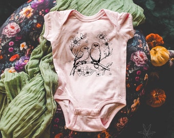 Lovebirds Floral shirt baby one piece bodysuit creeper gift, new baby, shower gift, nature inspired, bird shirt, baby bird, hippie boho