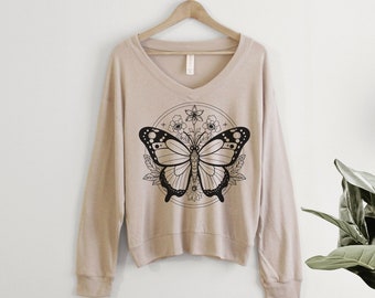 Floral Butterfly Shirt Slouchy Pullover Cropped v neck t-shirt Ladies gift for her, flowers, botanical, plants, bloom, wild and free