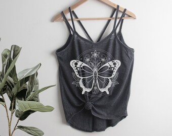 Floral Butterfly Strappy Tank Top Butterflies Ladies Shirt Yoga Mother's Day gift for her, flowers, botanical