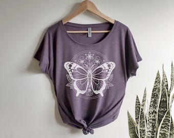 Floral Butterfly Dolman Triblend Tee Loose Slouchy t-shirt hippie boho gift for her, butterflies and plants, flowers, botanical