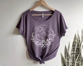 Mountain Botanical Scene Dolman Triblend Tee Loose Slouchy t-shirt hippie boho gift for her, travel, nature, hiking, mountain outdoorsy gift