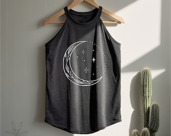 Crescent Moon Rocker Tank Top High Neck shirt mother's day gift for her, Celestial, Moon phases. crescent moon, boho, stars