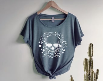 Floral Skull Dolman Triblend Tee Loose Slouchy t-shirt gift for her, hippie boho, Halloween, skeleton, flowers, botanical