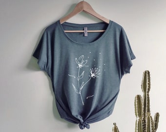 Windy flower Dolman Triblend Tee Loose Slouchy t-shirt gift for her, hippie boho, dandelion, wildflower, wild and free