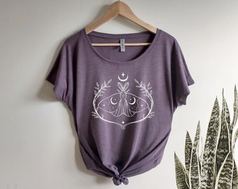 Celestial Moth Dolman Triblend Tee Loose Slouchy t-shirt gift for her, spiritual, hippie boho, sun moon and stars, magical