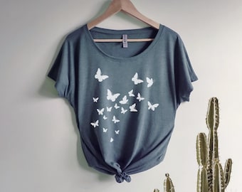 Butterflies Dolman Triblend Tee Loose Slouchy t-shirt gift for her, spiritual, hippie boho, butterfly,