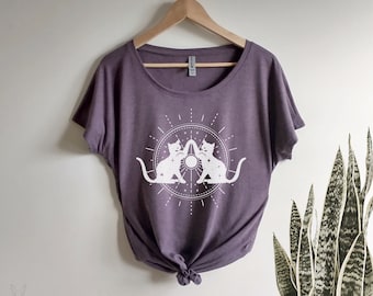 Twin Cats in Moon Dolman Triblend Tee Loose Slouchy t-shirt gift for her, spiritual, hippie boho, sun moon and stars, magical, halloween