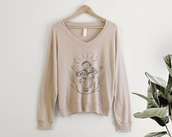 Mushrooms Shirt Slouchy Pullover Cropped v neck t-shirt Ladies gift for her, stars, bohemian, hippie, boho, earthy