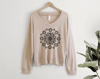 Mandala Shirt Slouchy Pullover Cropped v neck t-shirt Ladies gift for her, yoga, zen, peaceful, nature inspired