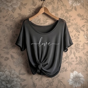 CLEARANCE Love Cursive Shirt Oversized Slouchy Scoop Neck Tee Loose t-shirt boho gift for her Valentines Day