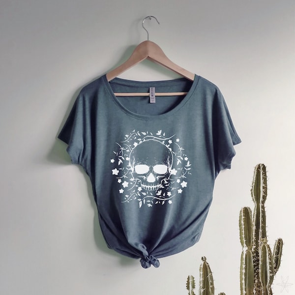 Floral Skull Dolman Triblend Tee Loose Slouchy t-shirt gift for her, hippie boho, Halloween, skeleton, flowers, botanical