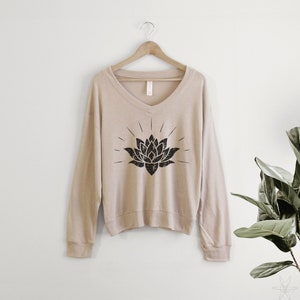 Lotus Burst Shirt Slouchy Pullover Cropped v neck t-shirt Ladies gift for her, inspirational, peace and love, flower, zen, yoga, hippie