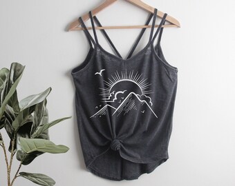 CLEARANCE Big Sunset Mountains Strappy Tank Top Ladies Shirt Mother's Day gift for her, mountain, sunrise, sun, summertime, summer