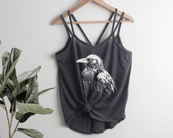Raven Crow Strappy Tank Top Ladies Shirt screenprint  gift for her, spooky, halloween, dark alchemy, birds, bird, crow