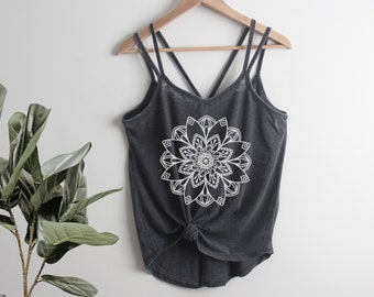 Mandala Strappy Tank Top Ladies Shirt screenprint Mother's Day gift for her Botanical flowers, lotus flower, zen, yoga shirt, spiritual