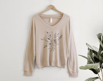 Corsage Shirt Slouchy Pullover Cropped v neck t-shirt Ladies gift for her, inspirational, wildflower, flowers, flower, floral, nature