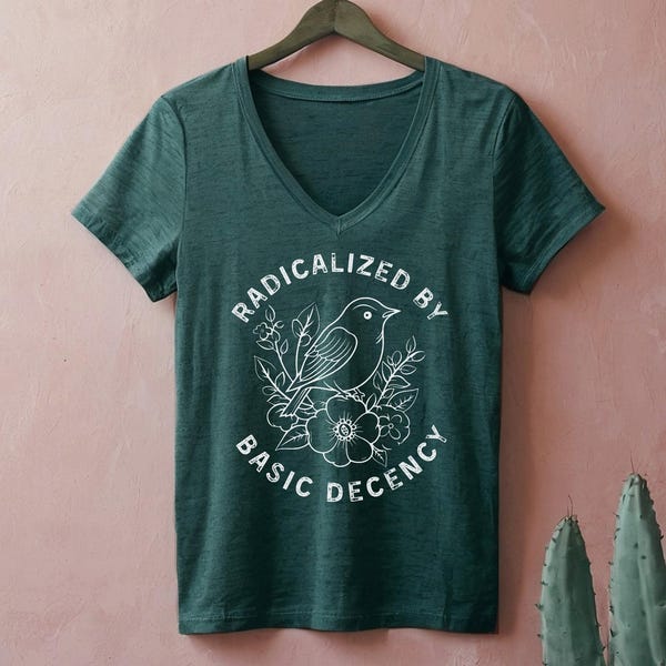 Radicalized by Basic Decency Triblend V-neck t-shirt Inspirational, protest shirt, birds, bird, flowers, no kings