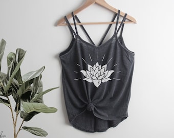 Lotus Burst Strappy Tank Top Ladies Shirt screenprint Mother's Day gift for her Botanical flowers, flower, zen, yoga shirt, spiritual