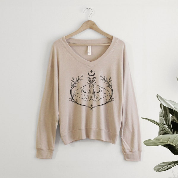Moth Celestial Shirt Slouchy Pullover Cropped v neck t-shirt Ladies gift for her, floral, botanical, moon phases, progression, crescent