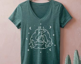 Three Hares Symbol Triblend V-neck shirt t-shirt Celestial Moon Stars Block print style