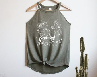 Love Birds Rocker Tank Top High Neck shirt mother's day gift for her, hippie, boho, branch, outdoorsy, bird watching, nature, trees